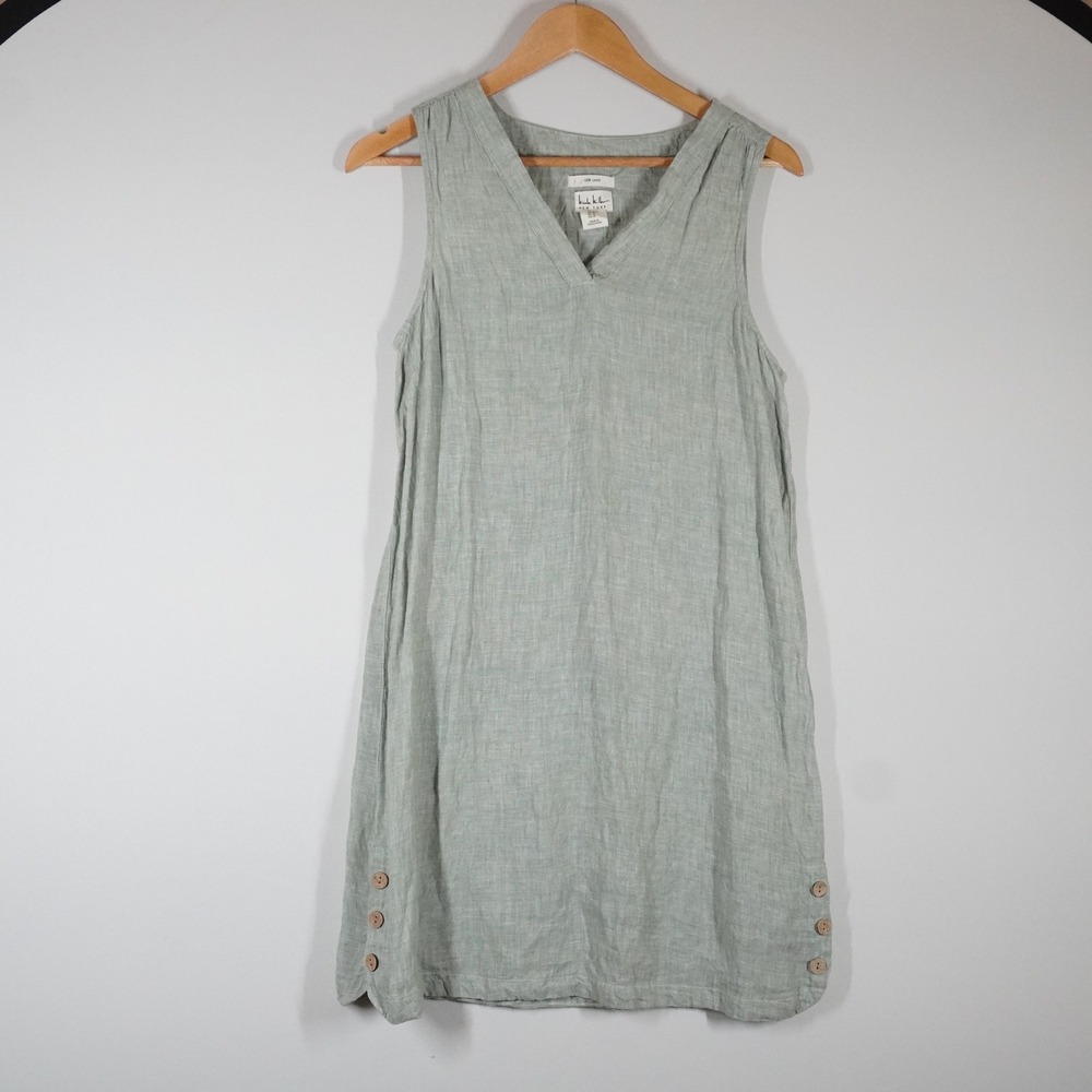 Nicole Miller Sage Green 100% Linen Sleeveless V-Neck Shift Dress Coastal Beachy